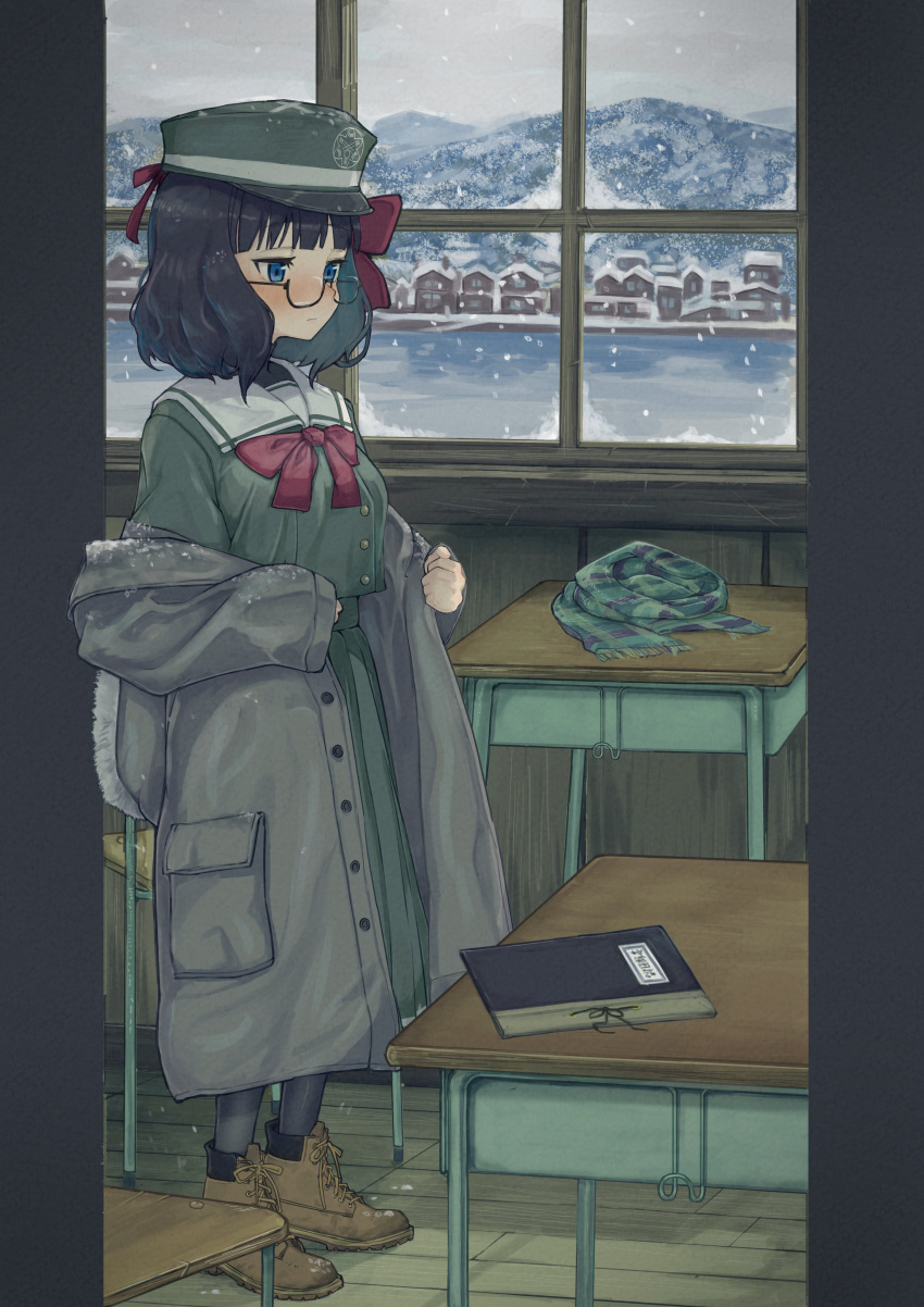 1girl absurdres black_hair blue_eyes boots bouhuman bow bowtie brown_footwear check_copyright classroom commentary_request commission copyright_request from_side full_body glasses green_serafuku green_skirt hat highres hill indoors long_skirt medium_hair notebook original red_bow red_bowtie scarf school_uniform semi-rimless_eyewear serafuku skeb_commission skirt snow_on_headwear snowing solo town under-rim_eyewear window
