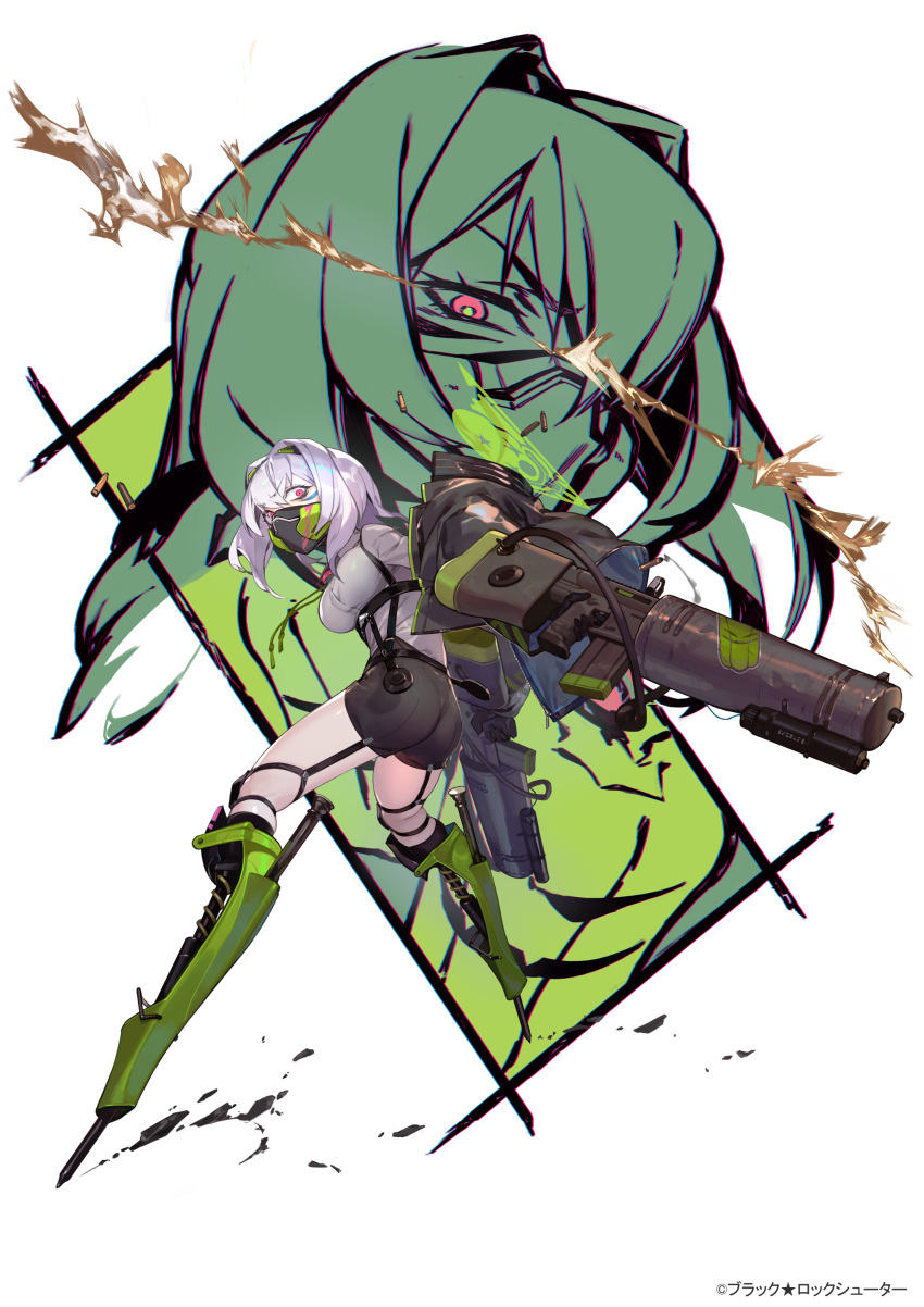 1girl absurdres ass black_rock_shooter black_rock_shooter_fragment breasts eyeliner gas_mask gun highres holding holding_gun holding_weapon jacket looking_at_viewer makeup mask official_art prosthesis prosthetic_leg red_eyes shorts simple_background so-taro solo weapon white_background white_hair