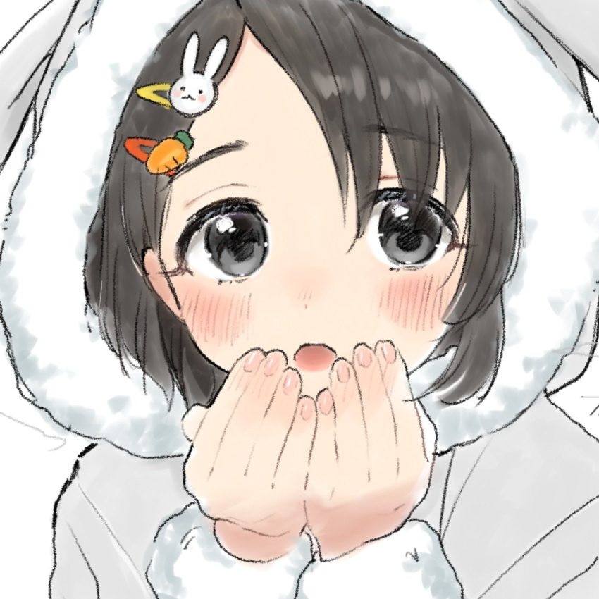 1girl black_eyes black_hair blush carrot_hair_ornament close-up commentary_request food-themed_hair_ornament fur-trimmed_hood fur_trim hair_ornament hairclip highres hood hood_up idolmaster idolmaster_cinderella_girls looking_at_viewer nanagaedemo open_mouth own_hands_together rabbit_hair_ornament sasaki_chie short_hair simple_background sketch solo warming_hands white_background winter_clothes