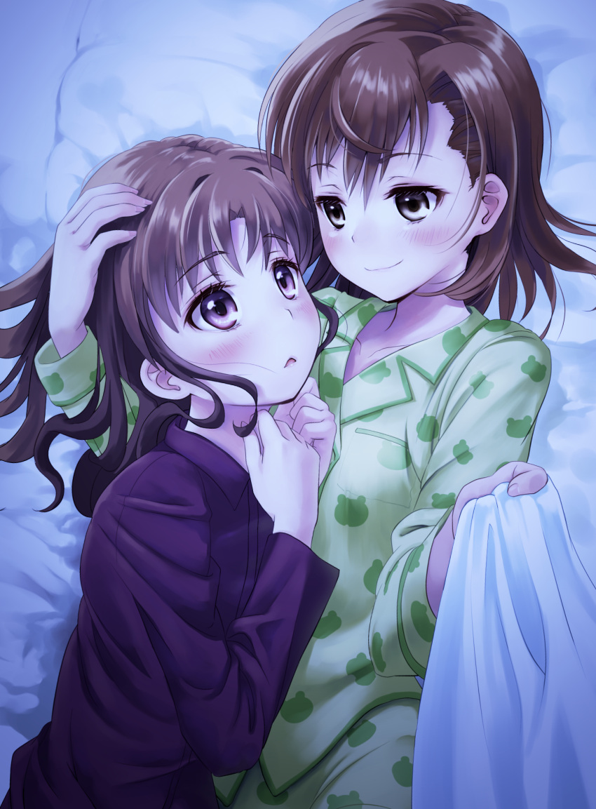2girls blush breasts brown_eyes brown_hair closed_mouth collarbone hand_on_another's_head highres long_hair looking_at_another misaka_mikoto multiple_girls on_bed open_mouth pajamas shirai_kuroko short_hair small_breasts smile toaru_majutsu_no_index yonabe yuri