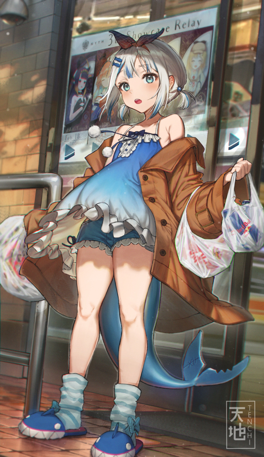 1girl bag bangs blue_dress blue_eyes blue_shorts blue_socks blush brown_coat can coat collarbone dress fins fish_hair_ornament fish_tail frilled_dress frills full_body gawr_gura grey_hair hair_ornament highres holding holding_bag hololive hololive_english low_twintails multicolored_hair ninomae_ina'nis open_mouth outdoors plastic_bag pom_pom_(clothes) poster_(object) red_bull shark_girl shark_tail sharp_teeth short_hair short_shorts shorts sleeveless sleeveless_dress slippers socks solo standing streaked_hair striped striped_socks tail takanashi_kiara teeth tenchi_mayo twintails virtual_youtuber watson_amelia