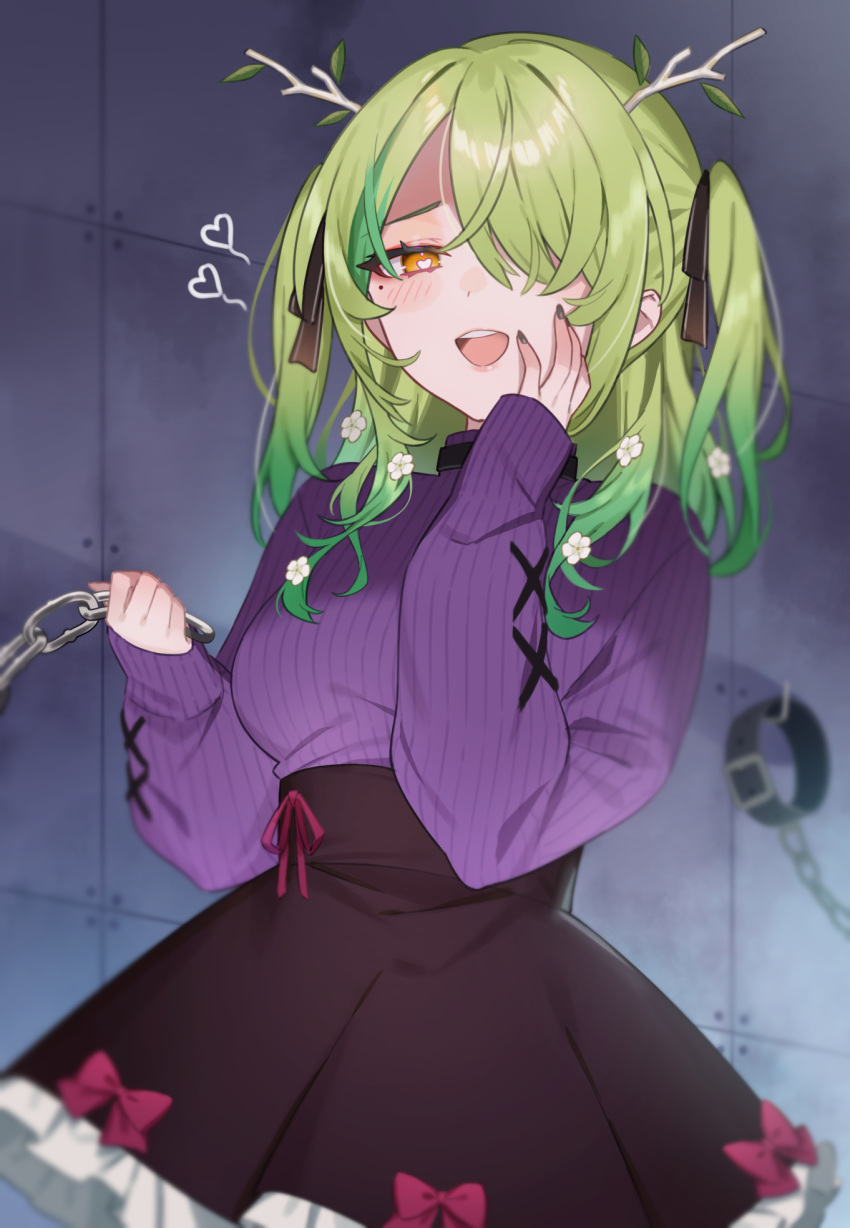 1girl :d antlers bangs black_bow black_collar black_nails black_skirt blurry blurry_background bow breasts ceres_fauna chain chain_leash collar commentary_request depth_of_field frilled_skirt frills green_hair gukurosawa01 hair_bow hair_over_one_eye hand_on_own_face hands_up heart heart-shaped_pupils highres holding hololive hololive_english indoors leaf leash long_hair long_sleeves looking_at_viewer medium_breasts multicolored_hair nail_polish orange_eyes pleated_skirt purple_bow purple_sweater ribbed_sweater skirt sleeves_past_wrists smile solo streaked_hair sweater symbol-shaped_pupils two_side_up virtual_youtuber