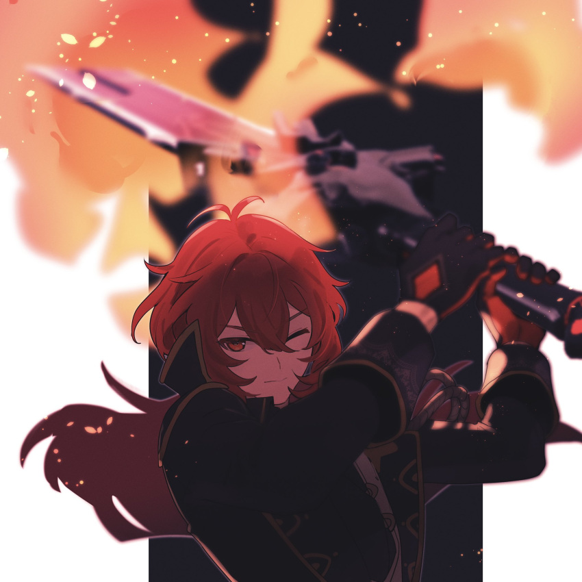 1boy bangs black_coat blurry blurry_background closed_mouth coat commentary_request diluc_(genshin_impact) fire genshin_impact gloves greatsword hair_between_eyes highres holding holding_sword holding_weapon long_hair long_sleeves looking_at_viewer male_focus one_eye_closed red_eyes redhead sabi11riw simple_background solo sword upper_body weapon wolf's_gravestone_(genshin_impact)