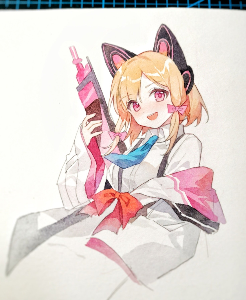 1girl animal_ears assault_rifle blonde_hair blue_archive blue_necktie cat_ears gun hair_ribbon halo headset highres momoi_(blue_archive) necktie pink_eyes pink_ribbon ribbon rifle shirt short_hair weapon white_shirt yunweishukuang