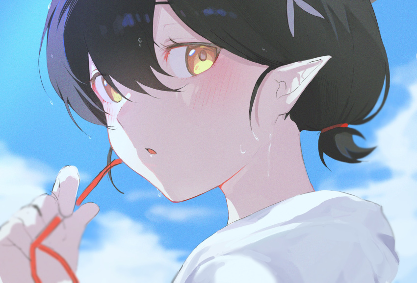 1girl absurdres ayane_(blue_archive) ayane_(swimsuit)_(blue_archive) black_hair blue_archive blurry blush depth_of_field eyewear_removed hair_between_eyes highres hood hood_down looking_at_viewer parted_lips pointy_ears red-framed_eyewear short_hair short_ponytail sky solo wet wet_face wet_hair yellow_eyes zapik
