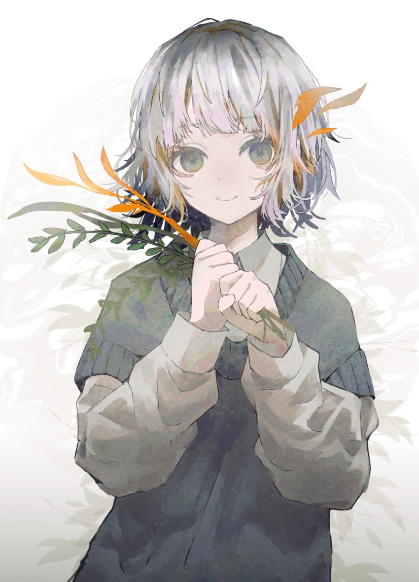 1girl bangs closed_mouth grey_eyes grey_hair grey_sweater highres holding layered_sleeves leaf leftside119 long_sleeves looking_at_viewer original own_hands_together shirt short-sleeved_sweater short_hair short_over_long_sleeves short_sleeves smile solo standing sweater upper_body white_background white_shirt