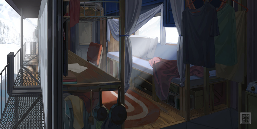 absurdres bed blanket chair curtains day door frying_pan highres natori_youkai no_humans original railing rug shirt_removed snow window wooden_floor