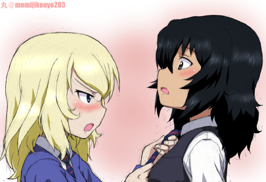 2girls adjusting_another's_clothes adjusting_clothes adjusting_necktie andou_(girls_und_panzer) bangs bc_freedom_school_uniform black_dress black_eyes black_hair blonde_hair blue_cardigan blue_eyes blue_necktie blush brown_eyes cardigan dark-skinned_female dark_skin dress dress_shirt from_side frown girls_und_panzer glaring kayabakoro long_sleeves looking_at_another medium_hair messy_hair multiple_girls necktie open_mouth oshida_(girls_und_panzer) pinafore_dress school_uniform shirt upper_body white_background white_shirt wing_collar