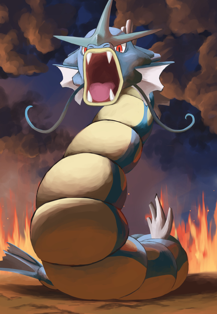 absurdres commentary_request fangs fire from_below gyarados highres jira_(ziraiya26) looking_down no_humans open_mouth pokemon pokemon_(creature) red_eyes sky smoke solo tongue