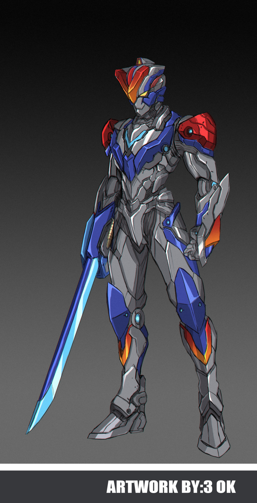 1boy 3ok absurdres alternate_color alternate_universe armor artist_name black_armor gauntlets highres holding holding_sword holding_weapon knight_timbre leg_armor male_focus official_alternate_color standing sword ultra_series ultraman_(hero's_comics) ultraman_ginga_s ultraman_suit ultraman_victory ultraman_victory_knight weapon yellow_eyes