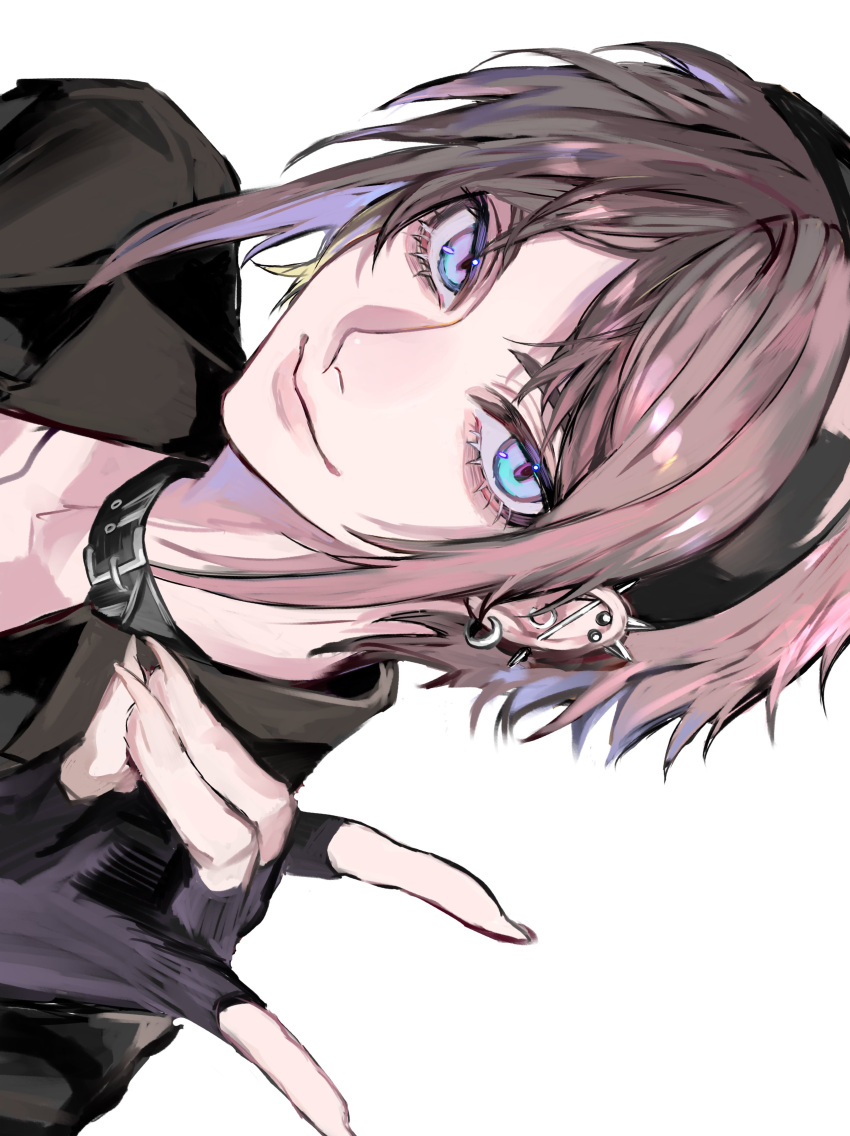 1boy absurdres ancoo_mm bangs black_collar black_gloves black_headband black_shirt blue_eyes brown_hair closed_mouth collar collared_shirt ear_piercing eyelashes fingerless_gloves gloves hand_up headband highres looking_at_viewer male_focus multicolored_eyes multiple_piercings mysta_rias nijisanji nijisanji_en piercing portrait shirt short_hair sidelocks simple_background smile solo violet_eyes white_background