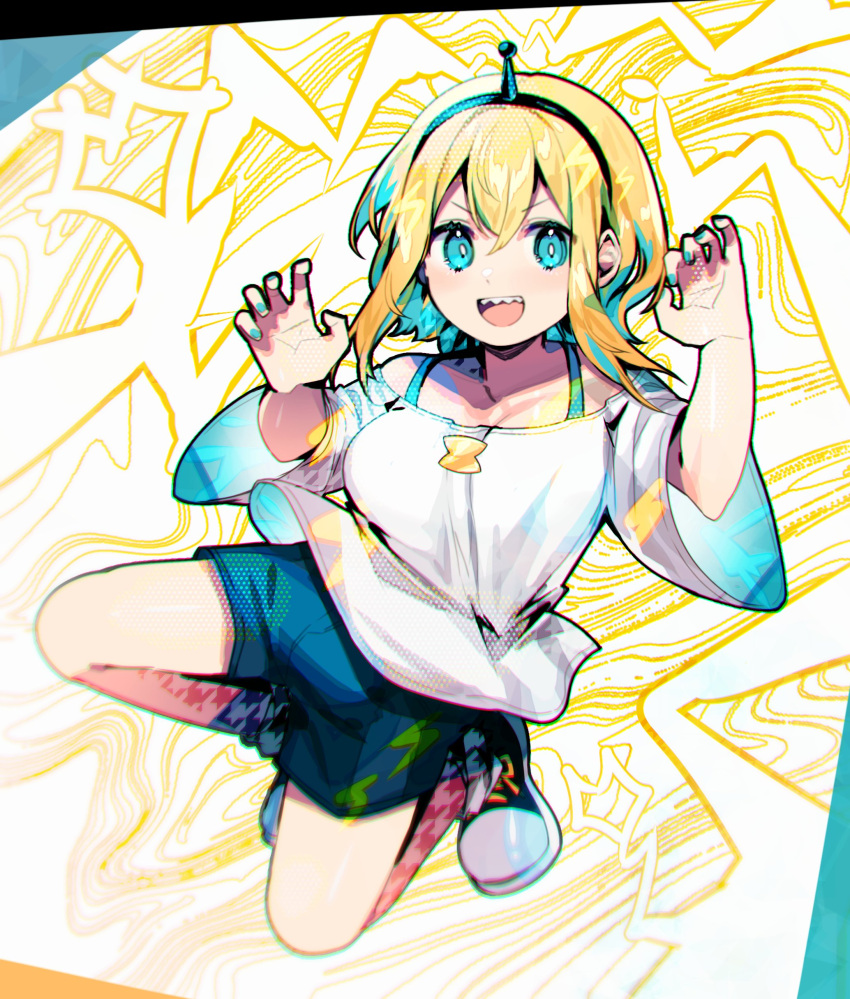 1girl absurdres amano_pikamee black_footwear black_hairband black_shorts blonde_hair breasts bright_pupils claw_pose collarbone colored_inner_hair english_commentary green_eyes green_hair green_nails hair_between_eyes hairband halftone hands_up highres kasumi_koujou kneeling looking_at_viewer medium_breasts multicolored_hair off-shoulder_shirt off_shoulder open_mouth sharp_teeth shirt shorts smile solo straight-on teeth two-tone_hair virtual_youtuber voms white_pupils white_shirt wide_sleeves
