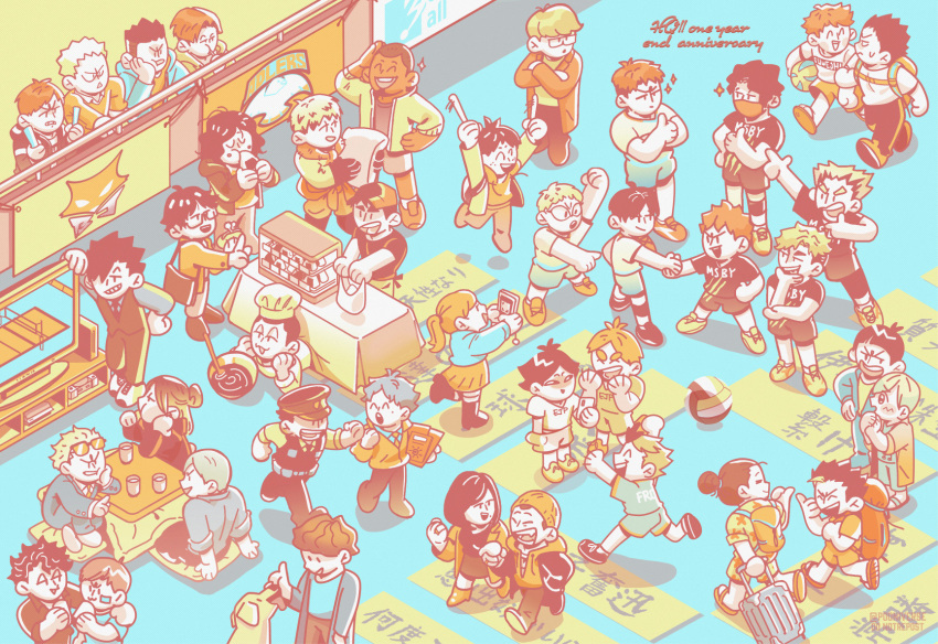 6+boys anniversary black_hair brown_hair character_request closed_eyes english_text everyone gender_request glasses haikyuu!! highres holding jade_poon_(pooniverse) limited_palette long_hair long_sleeves medium_hair multiple_boys open_mouth orange_hair pants parted_lips shirt short_hair short_sleeves shorts standing
