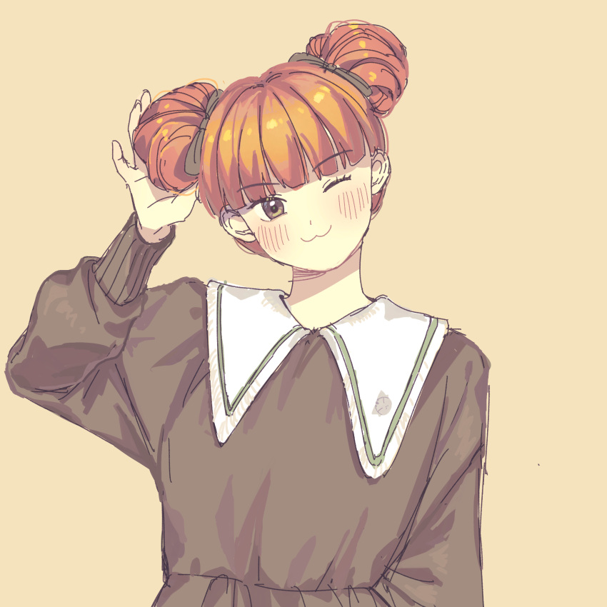 1girl absurdres arm_up bangs blunt_bangs blush brown_eyes double_bun hair_bun highres long_sleeves looking_at_viewer one_eye_closed shadow shanxin_(the_legend_of_luoxiaohei) simple_background smile solo tan_background the_legend_of_luo_xiaohei uutasong