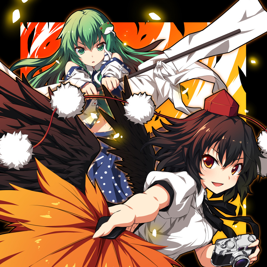 2girls absurdres arm_up arms_up bangs bare_shoulders black_border black_bow black_bowtie black_hair blue_skirt blush border bow bowtie breasts camera collared_shirt commentary_request detached_sleeves feathered_wings feathers fingernails flying frog_hair_ornament gohei gradient_background green_eyes green_hair hair_between_eyes hair_ornament hair_tubes hand_fan hands_up hat highres holding holding_camera holding_fan holding_gohei kochiya_sanae long_fingernails long_hair long_sleeves looking_at_viewer looking_away medium_breasts multicolored_background multiple_girls navel open_mouth orange_background outside_border pom_pom_(clothes) puffy_short_sleeves puffy_sleeves red_background red_eyes red_headwear shameimaru_aya shirt short_hair short_sleeves skirt smile snake_hair_ornament tokin_hat touhou ugume v-shaped_eyebrows white_shirt wide_sleeves wings yellow_background