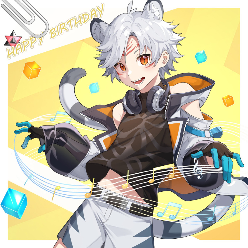 1boy animal_ears belt detached_sleeves fangs gloves happy_birthday headphones highres jacket looking_at_viewer male_focus midriff_peek musical_note open_clothes open_jacket open_mouth orange_eyes original reizu_e see-through see-through_sleeves shirt shorts slit_pupils smile tail teeth tiger_boy tiger_ears tiger_tail