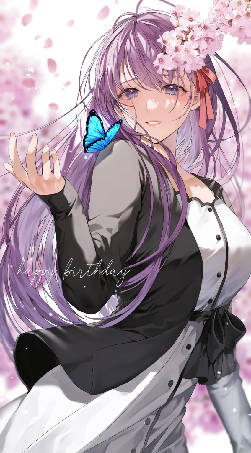 1girl bangs black_jacket bug butterfly buttons cherry_blossoms commentary_request dress english_text fate/stay_night fate_(series) fingernails flower grin hair_between_eyes hair_ribbon happy_birthday heaven's_feel highres jacket lips long_hair long_sleeves looking_at_viewer matou_sakura open_clothes open_jacket petals pink_flower pink_lips purple_hair red_ribbon ribbon shimatori_(sanyyyy) smile solo very_long_hair violet_eyes white_dress
