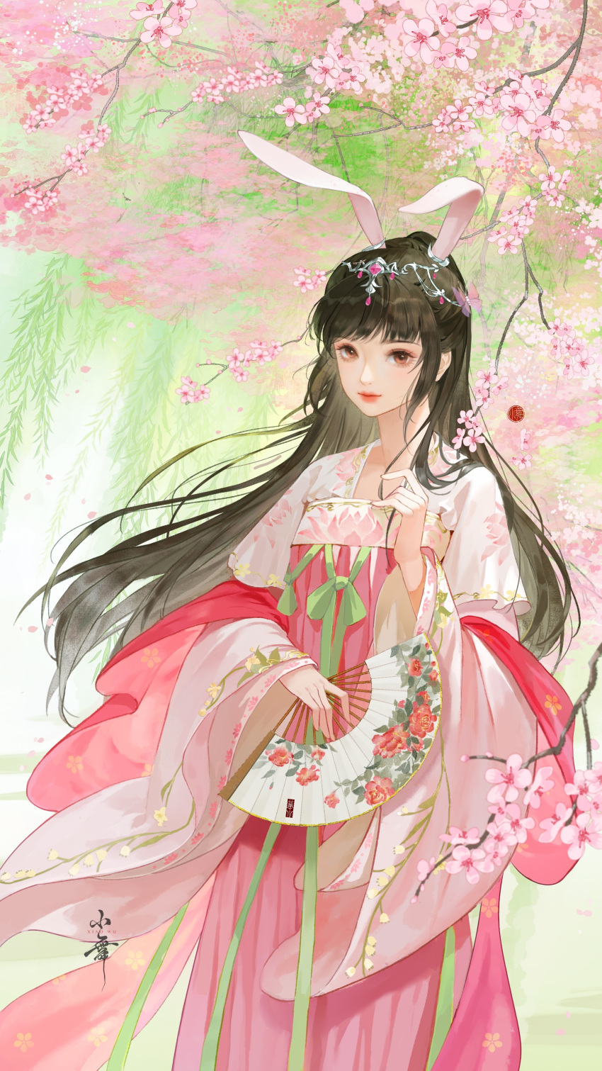 1girl absurdres animal_ears artist_request branch brown_eyes cherry_blossoms chinese_clothes closed_mouth douluo_dalu hair_ornament hand_fan hand_in_own_hair hand_up highres holding holding_fan long_hair long_sleeves looking_at_viewer ponytail rabbit_ears second-party_source smile solo upper_body xiao_wu_(douluo_dalu)