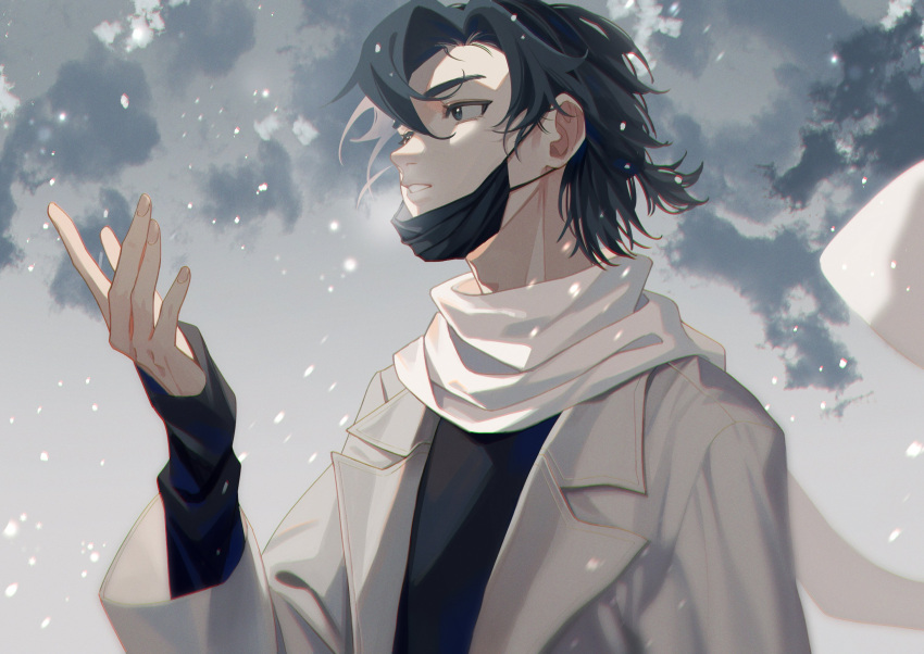 1boy black_eyes black_hair black_mask black_shirt cheng_xiaoshi chinese_commentary chromatic_aberration clouds coat commentary hair_between_eyes hand_up highres layered_sleeves long_sleeves male_focus mask mouth_mask parted_lips scarf shiguang_dailiren shirt short_hair snowing solo upper_body white_coat white_scarf ya_kexi