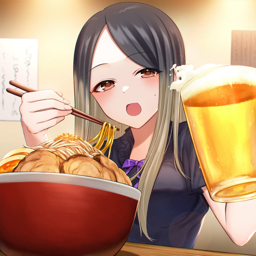 1girl :d absurdres alcohol bangs beer beer_mug black_hair black_shirt bow breasts brown_eyes brown_hair chopsticks commentary_request copyright_request cup food food_focus food_request gradient_hair highres holding holding_chopsticks holding_cup hoshimiya_aki long_hair looking_at_viewer mug multicolored_hair noodles official_art parted_bangs purple_bow ramen shirt short_sleeves small_breasts smile solo sweat upper_body