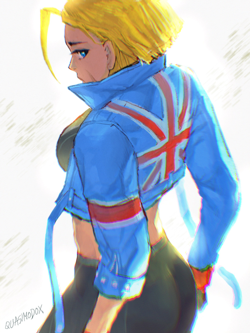 1girl absurdres antenna_hair ass black_sports_bra blonde_hair blue_eyes blue_jacket breasts cammy_white cropped_jacket from_behind highres jacket medium_breasts midriff pants popped_collar quasimodox scar scar_on_cheek scar_on_face short_hair solo sports_bra standing street_fighter street_fighter_6 union_jack yoga_pants