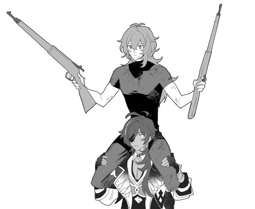 2boys bangs carrying closed_mouth dark-skinned_male dark_skin diluc_(genshin_impact) dirty dirty_face dual_wielding earrings eyepatch fingerless_gloves genshin_impact gloves greyscale gun hair_between_eyes highres holding holding_gun holding_weapon jacket jewelry kaeya_(genshin_impact) long_hair male_focus monochrome multiple_boys parody rrr_(movie) sabi11riw shirt short_sleeves shoulder_carry simple_background single_earring sketch weapon