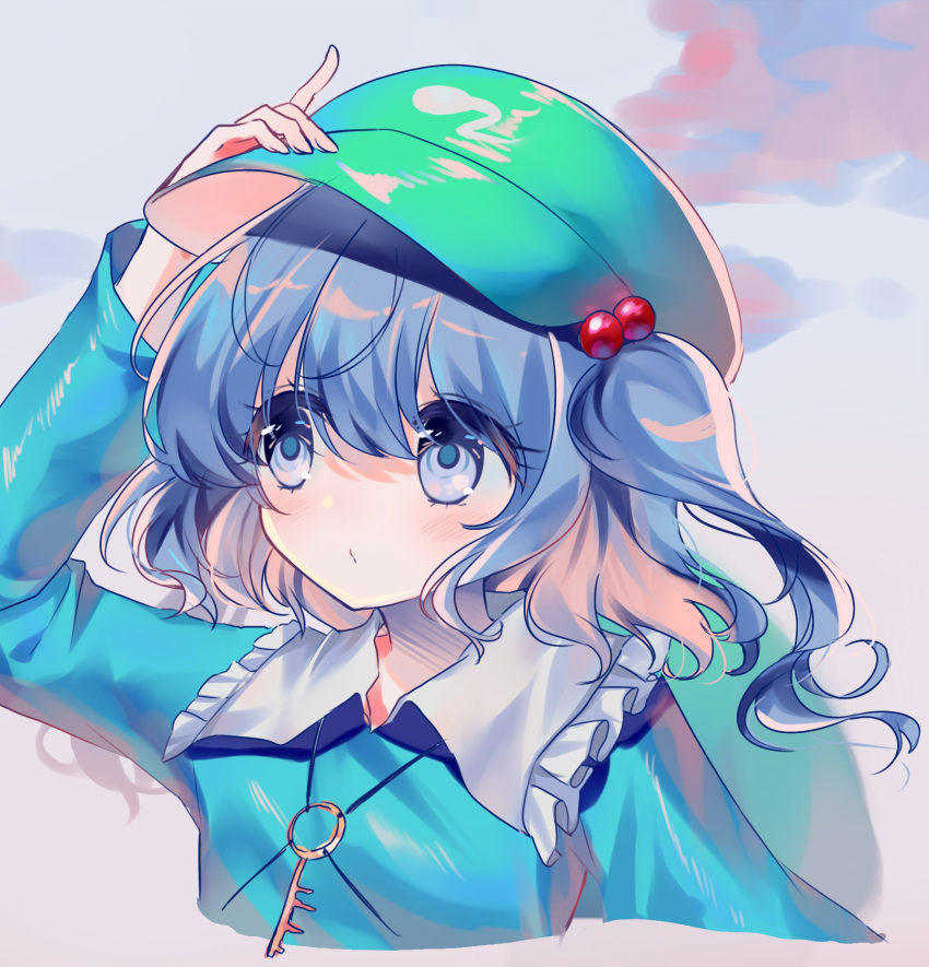 1girl bangs blue_eyes blue_hair blue_shirt blush collared_shirt flat_cap frilled_shirt_collar frills green_headwear hair_between_eyes hair_bobbles hair_ornament hat highres kawashiro_nitori key long_sleeves medium_hair pudding_(skymint_028) shirt solo touhou two_side_up upper_body