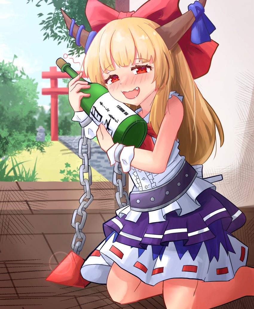 1girl bangs belt blonde_hair blue_sky blunt_bangs blush bottle bow bowtie bush buttons center_frills clouds commentary cube day drooling drunk english_commentary fang flat_chest frills full_body grass hair_bow heart heart-shaped_pupils highres horn_ornament horn_ribbon horns ibuki_suika indoors long_hair looking_at_viewer low-tied_long_hair open_mouth purple_ribbon purple_skirt pyramid_(structure) red_bow red_bowtie red_eyes ribbon ribbon-trimmed_skirt ribbon_trim rion_(user_ufvg8527) sake_bottle shirt sidelocks skirt sky sleeveless sleeveless_shirt smile solo stone_lantern symbol-shaped_pupils theft torii touhou tree white_shirt wrist_cuffs