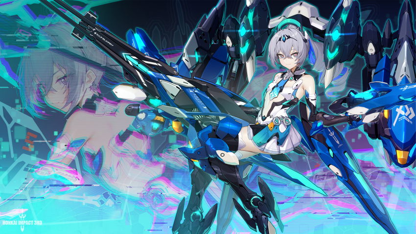 1girl armor bare_shoulders breasts bronya_zaychik bronya_zaychik_(herrscher_of_truth) drill_hair english_text grey_hair highres holding holding_weapon honkai_(series) honkai_impact_3rd looking_at_viewer mecha_musume official_art official_wallpaper small_breasts smile solo weapon