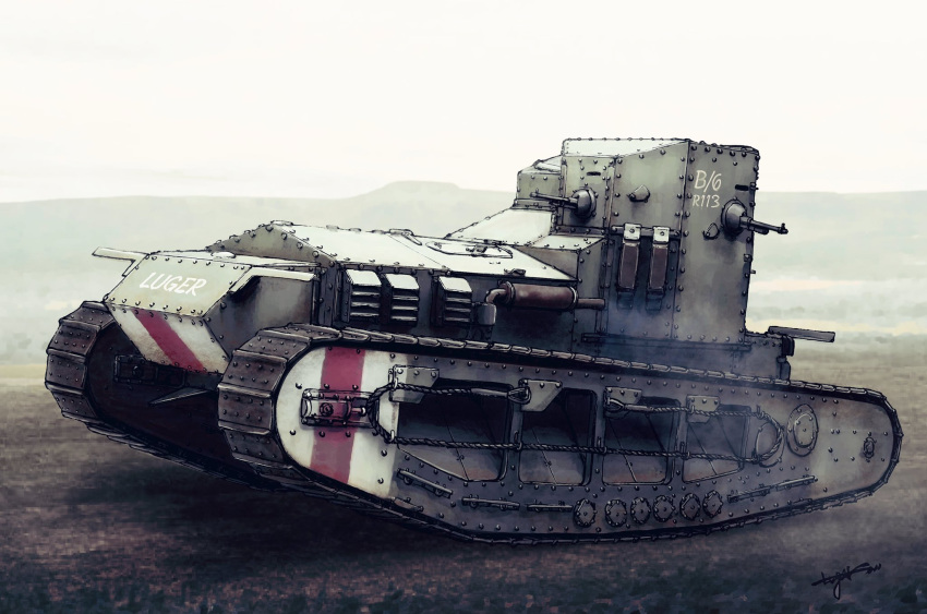 artist_name commentary day highres horizon luger_oni-jun'i mark_a_whippet military military_vehicle motor_vehicle no_humans original outdoors signature tank vehicle_focus world_war_i