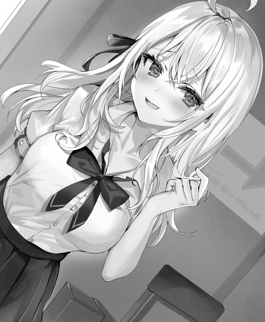 1girl absurdres ahoge alisa_mikhailovna_kujou blush breasts greyscale hair_ribbon highres large_breasts long_hair looking_at_viewer momoko_(momopoco) monochrome novel_illustration official_art open_mouth playing_with_own_hair ribbon school_uniform shirt skirt solo standing tokidoki_bosotto_roshia-go_de_dereru_tonari_no_arya-san