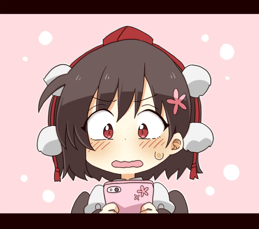 1girl bangs black_hair blush cellphone commentary_request flower hair_between_eyes hair_flower hair_ornament hat highres holding holding_phone letterboxed open_mouth phone pink_background pink_flower puffy_short_sleeves puffy_sleeves red_eyes red_headwear shameimaru_aya shirt short_sleeves solo sweat tokin_hat totoharu_(kujirai_minato) touhou upper_body wavy_mouth white_shirt