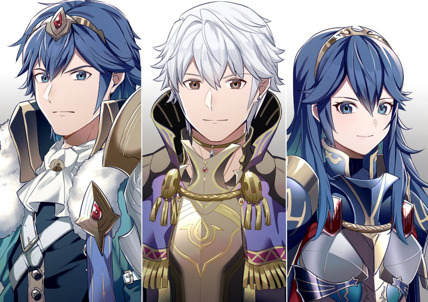 1girl 2boys ameno_(a_meno0) armor ascot bangs blue_eyes blue_hair breastplate brown_eyes chrom_(fire_emblem) closed_mouth commentary_request earrings father_and_daughter fire_emblem fire_emblem_awakening fire_emblem_heroes hair_between_eyes jewelry long_hair looking_at_viewer lucina_(fire_emblem) multiple_boys official_alternate_costume robin_(fire_emblem) robin_(male)_(fire_emblem) short_hair shoulder_armor simple_background smile tiara upper_body white_ascot white_hair