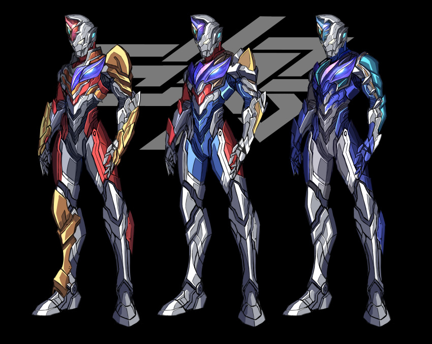 3boys 3ok absurdres alien alternate_universe armor armored_boots asymmetrical_armor blue_bodysuit bodysuit boots breastplate clenched_hand clenched_hands coat energy_ball fingerless_gloves flash_type_(ultraman) gauntlets giant gloves glowing glowing_eyes highres jacket leg_armor male_focus miracle_type_(ultraman) multiple_boys no_humans open_clothes open_hand open_jacket pauldrons red_bodysuit shoulder_armor shoulder_pads single_fingerless_glove single_gauntlet single_pauldron skin_tight solo standing strong_type_(ultraman) tokusatsu ultra_series ultraman_(hero's_comics) ultraman_decker ultraman_decker_(series) ultraman_suit white_gloves yellow_eyes