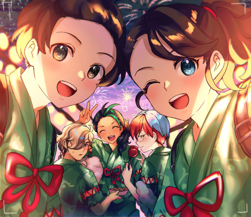 2boys 3girls :d ;d absurdres arven_(pokemon) asada_sadao bangs blush brown_eyes brown_hair candy_apple closed_mouth commentary_request cotton_candy eyelashes fireworks florian_(pokemon) food glasses green_jacket highres holding jacket juliana_(pokemon) multicolored_hair multiple_boys multiple_girls nemona_(pokemon) night one_eye_closed open_mouth outdoors penny_(pokemon) pokemon pokemon_(game) pokemon_sv ponytail redhead round_eyewear short_hair smile teeth two-tone_hair upper_teeth_only v