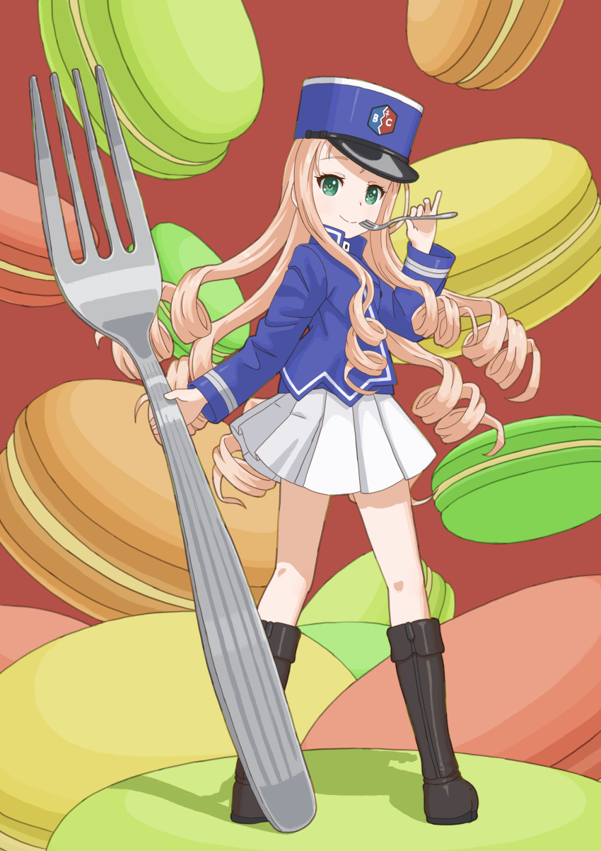 1girl absurdres bc_freedom_(emblem) bc_freedom_military_uniform black_footwear blonde_hair blue_headwear blue_jacket blue_vest boots closed_mouth commentary dress_shirt drill_hair eating emblem food fork girls_und_panzer green_eyes hat high_collar highres holding holding_fork jacket kepi knee_boots long_hair long_sleeves looking_at_viewer macaron marie_(girls_und_panzer) military military_hat military_uniform miniskirt oversized_food oversized_object pleated_skirt qgkmn541 shirt skirt smile solo standing uniform vest white_shirt white_skirt