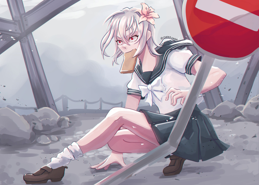 1girl absurdres accelerator_(toaru_majutsu_no_index) albino ambiguous_gender androgynous bangs blue_sailor_collar blue_skirt blurry blurry_background bow bread bread_slice brown_footwear cherrhara cityscape construction_site fighting_stance flower food food_in_mouth full_body grey_background hair_flower hair_ornament hand_on_floor hand_up high-waist_skirt highres legs lily_(flower) loafers miniskirt pale_skin red_eyes road_closed_sign road_closed_to_vehicles_sign road_sign sailor_collar sanpaku school_uniform serafuku shoes short_hair sidelocks sign signature skirt socks solo squatting suzushina_yuriko toaru_majutsu_no_index v-shaped_eyebrows white_bow white_hair white_socks
