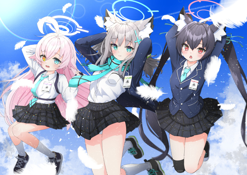 3girls absurdres ahoge animal_ear_fluff animal_ears anime_coloring arms_up black_hair blazer blue_archive blue_eyes blue_jacket blue_necktie blue_scarf blush cat_ears collared_shirt falling_feathers grey_hair grey_skirt hair_between_eyes halo heterochromia highres hoshino_(blue_archive) id_card isakoro_(hx9cj) jacket kneehighs light_particles long_sleeves looking_at_viewer medium_hair mismatched_pupils multiple_girls necktie open_clothes open_jacket open_mouth orange_eyes panties pink_hair plaid plaid_skirt red_eyes scarf school_uniform serika_(blue_archive) shiroko_(blue_archive) shirt shoes skirt sky smile sneakers socks twintails underwear white_panties white_shirt white_socks wolf_ears