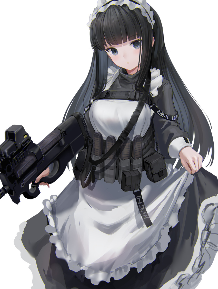 1girl apron bangs black_hair blunt_bangs blush breasts bullpup character_request commentary_request copyright_request cowboy_shot dress frilled_apron frilled_dress frilled_headwear frills grey_eyes gun highres holding holding_weapon large_breasts long_hair long_sleeves magazine_(weapon) maid p90 parted_lips puffy_long_sleeves puffy_sleeves sidelocks simple_background solo sthk straight_hair strap submachine_gun trigger_discipline very_long_hair weapon white_apron white_background