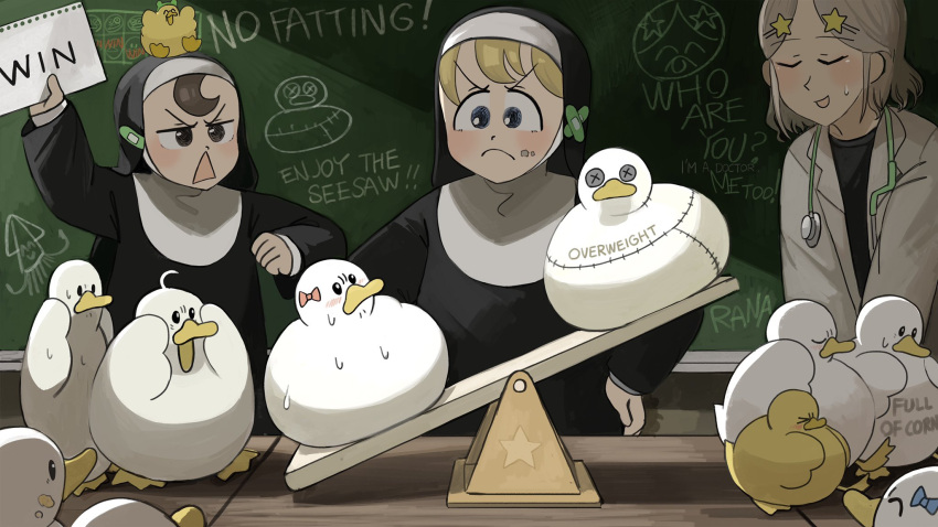 3girls bandaid bandaid_on_clothes bird blonde_hair blue_bow blue_eyes blush body_writing bow brown_eyes brown_hair catholic chalkboard chicken closed_eyes clumsy_nun_(diva) diva_(hyxpk) doctor duck duckling english_commentary frog_headband froggy_nun_(diva) frown grey_hair habit hair_ornament highres labcoat little_nuns_(diva) multiple_girls nun red_bow short_hair smile star_(symbol) star_hair_ornament star_nun's_cousin_(diva) stethoscope triangle_mouth weighing_scale