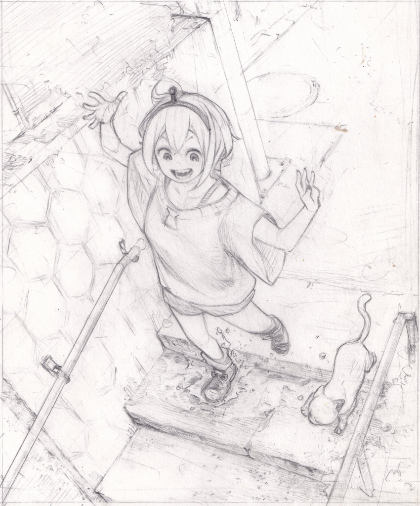 1girl absurdres amano_pikamee bush cat commentary creazed english_commentary graphite_(medium) greyscale hair_between_eyes hairband hands_up highres lineart looking_down monochrome off-shoulder_shirt off_shoulder outdoors puddle railing shirt shoes short_hair shorts sneakers socks_(amano_pikamee) stairs traditional_media virtual_youtuber voms walking wall wide_sleeves