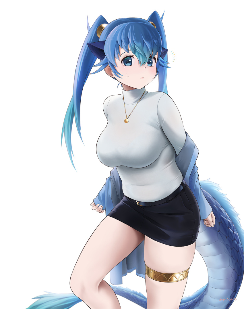 1girl beleven black_skirt blue_eyes blue_hair blue_jacket blush commentary_request cowboy_shot dragon_ears dragon_girl dragon_tail extra_ears grey_sweater highres jacket jewelry kemono_friends kemono_friends_3 long_hair long_sleeves looking_at_viewer necklace official_alternate_costume pencil_skirt removing_jacket seiryuu_(kemono_friends) skirt sweater tail thigh_strap turtleneck turtleneck_sweater twintails