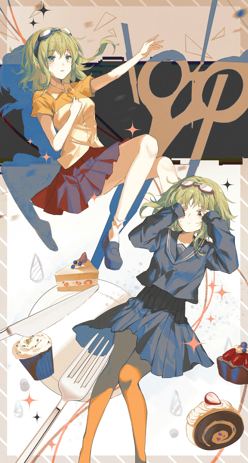 2girls absurdres bangs blush cake cake_slice collared_shirt covering_own_eyes dual_persona food fork goggles goggles_on_head green_eyes green_hair gumi highres kiduki knife long_hair long_sleeves mosaic_roll_(vocaloid) multiple_girls outstretched_arm pantyhose parted_lips plate pleated_skirt school_uniform scissors serafuku shirt short_sleeves skirt sleeves_past_wrists socks swiss_roll vocaloid yowamushi_mont-blanc_(vocaloid)