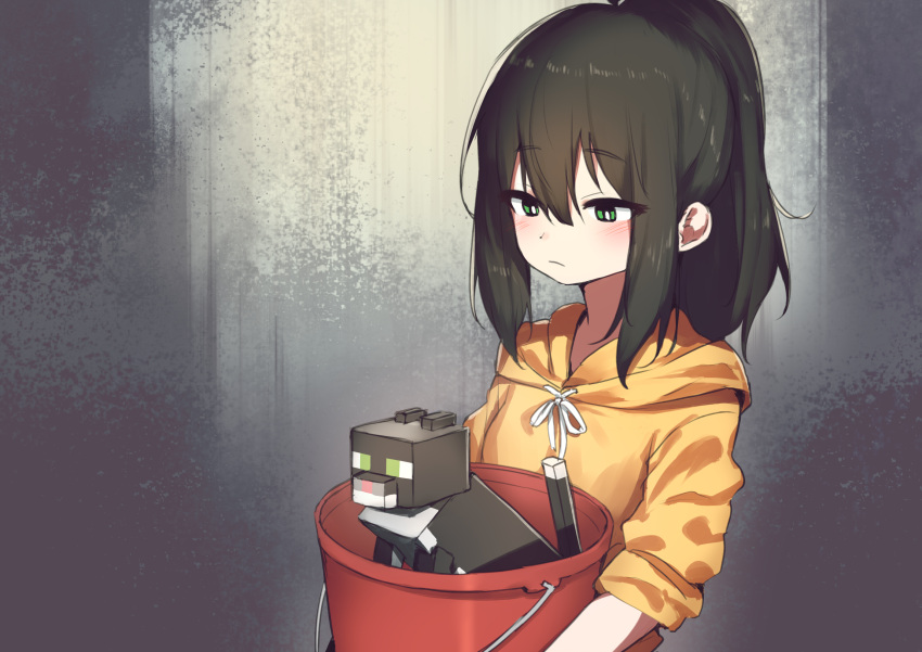 1girl bangs black_cat black_hair blush bucket cat cat_(minecraft) closed_mouth english_commentary green_eyes hair_between_eyes highres holding holding_bucket hood hoodie hoplitx long_hair minecraft orange_hoodie original ponytail simple_background upper_body