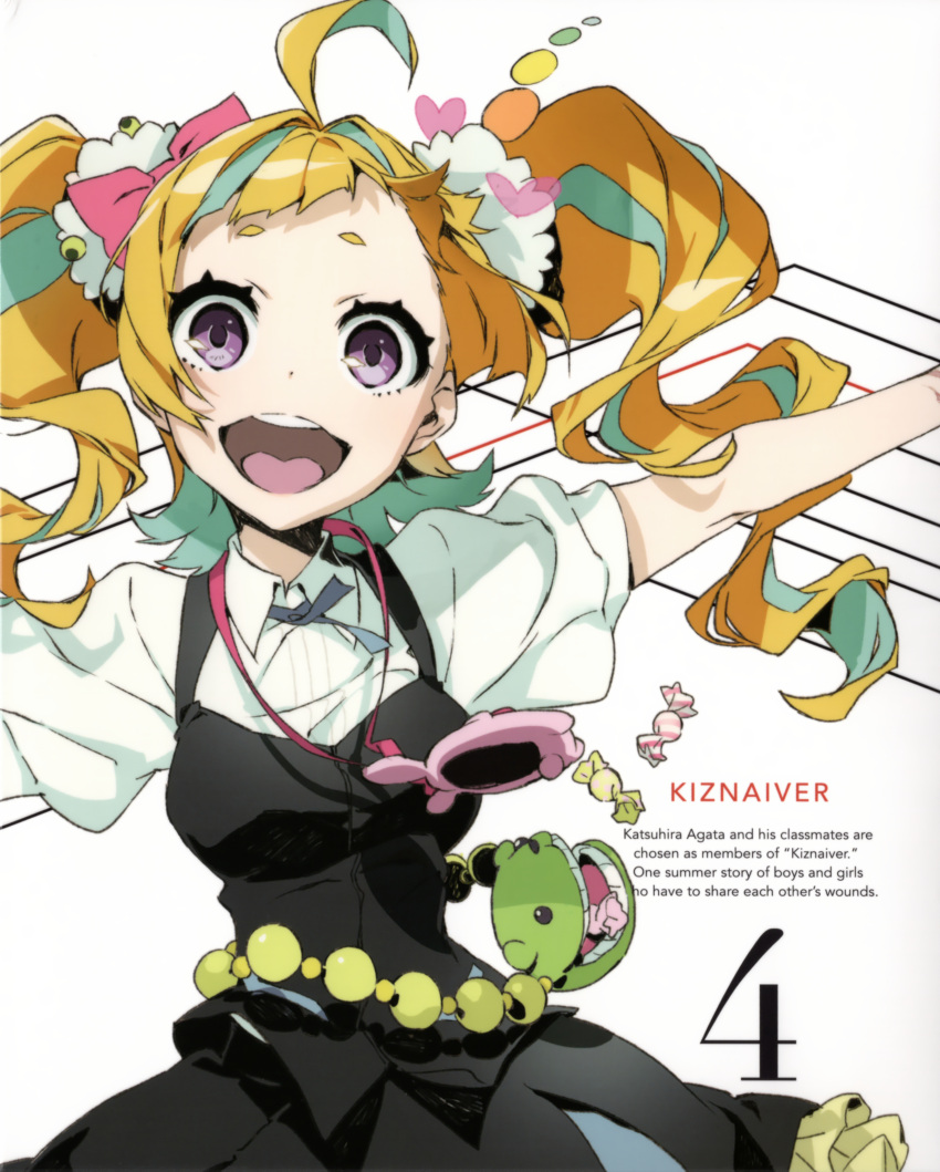 1girl absurdres ahoge blonde_hair bow breasts candy collared_shirt copyright_name dot_nose dress_shirt drill_hair english_text food hair_bow hair_intakes heart highres kiznaiver long_hair looking_at_viewer multicolored_hair niiyama_nico official_art open_mouth outstretched_arms pink_bow puffy_short_sleeves puffy_sleeves round_teeth school_uniform shirt short_eyebrows short_sleeves smartphone_case smile solo teeth tongue twin_drills two-tone_hair upper_body upper_teeth_only violet_eyes white_shirt yoneyama_mai