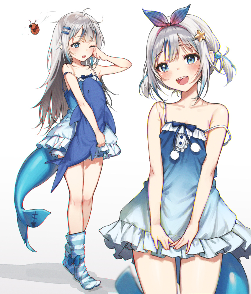 1girl alternate_costume bangs blue_bow blue_dress blue_eyes blue_hair blue_pajamas blue_socks bow bow_legwear collarbone commentary dress ebi-chan_(gawr_gura) english_commentary fins fish_hair_ornament fish_tail full_body gawr_gura grey_hair hair_bobbles hair_ornament hair_ribbon hairband highres hololive hololive_english long_hair looking_at_viewer multicolored_hair one_eye_closed open_mouth pajamas pom_pom_(clothes) revision ribbon rubbing_eyes shark_girl shark_tail sharp_teeth simple_background sleeveless sleeveless_dress smile socks star_(symbol) star_hair_ornament strap_slip streaked_hair striped striped_socks stuffed_animal stuffed_shark stuffed_toy tail teeth tenchi_mayo twintails virtual_youtuber white_background