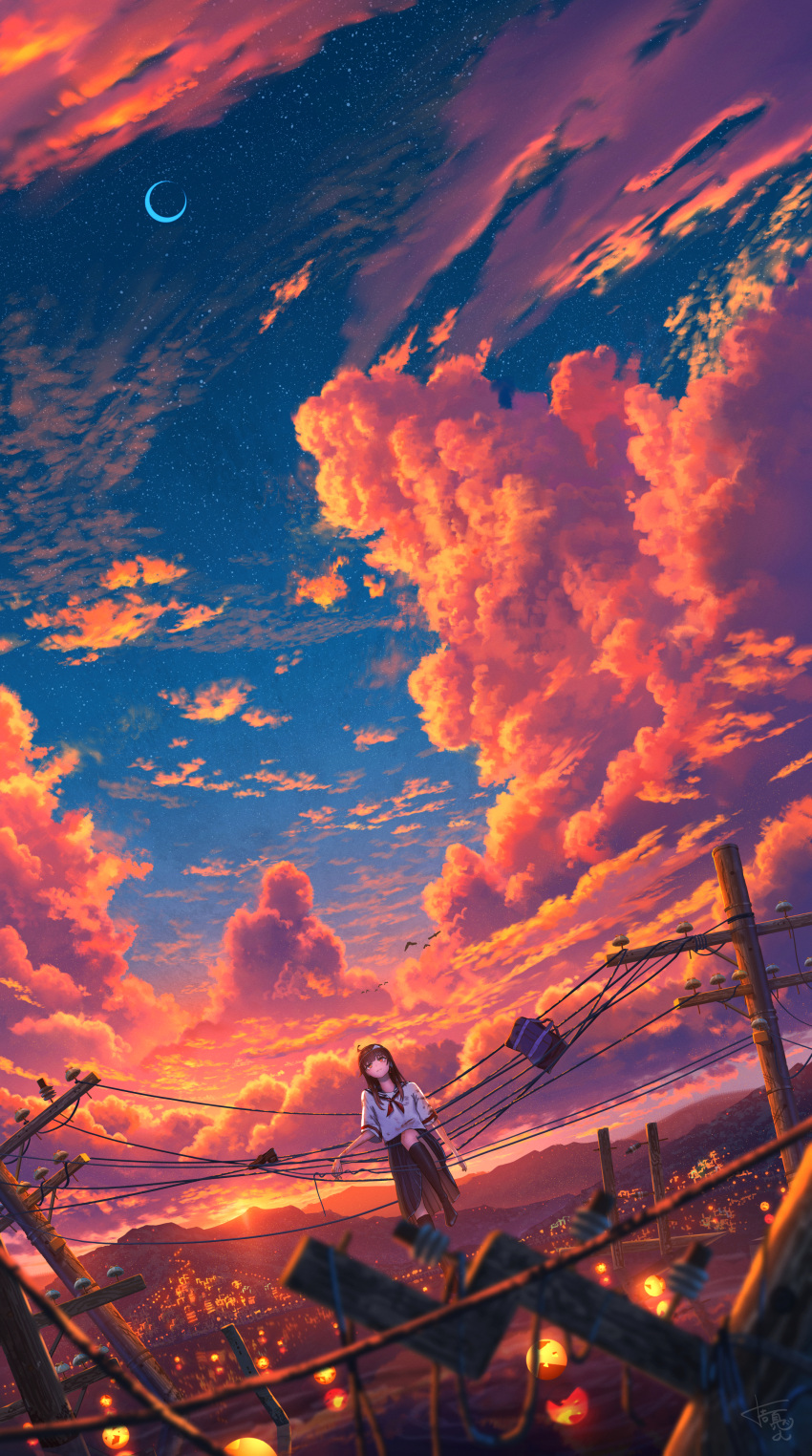 1girl absurdres ascot black_skirt black_socks blue_sky blurry blurry_foreground brown_hair character_request cityscape clouds cloudy_sky copyright_request crescent_moon cumulonimbus_cloud evening floating highres leg_up moon mountainous_horizon orange_sky outdoors pleated_skirt red_ascot scenery school_uniform shirt short_sleeves shuu_illust skirt sky socks solo white_shirt