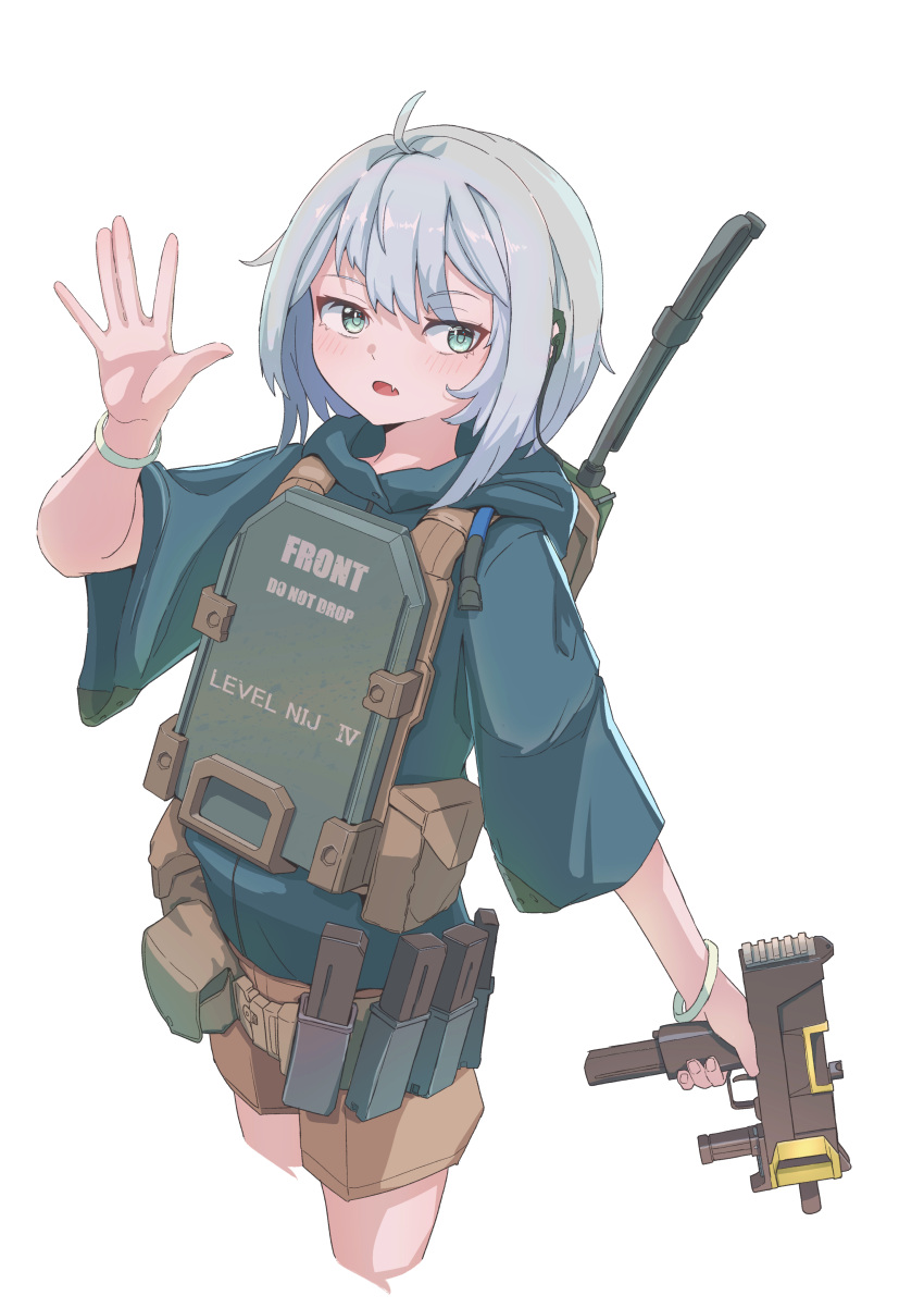 1girl absurdres bangs blue_hoodie blush brown_shorts cropped_legs fang green_eyes grey_hair gun hand_up highres holding holding_gun holding_weapon hood hood_down hoodie looking_at_viewer mac-10 okapi_(yomaigoto) open_mouth original short_sleeves shorts simple_background solo weapon white_background wide_sleeves