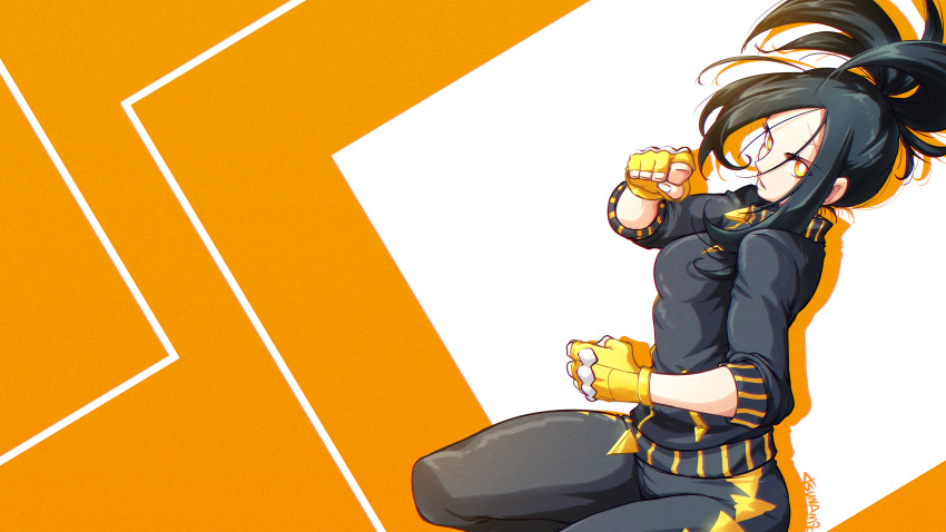 1girl absurdres bangs black_hair black_jacket black_pants bright_pupils clenched_hands commentary_request dendra_(pokemon) fingerless_gloves floating_hair gloves highres jacket long_hair orange_background pants pokemon pokemon_(game) pokemon_sv sleeves_past_elbows solo tsunami_hisoka white_pupils yellow_eyes yellow_gloves