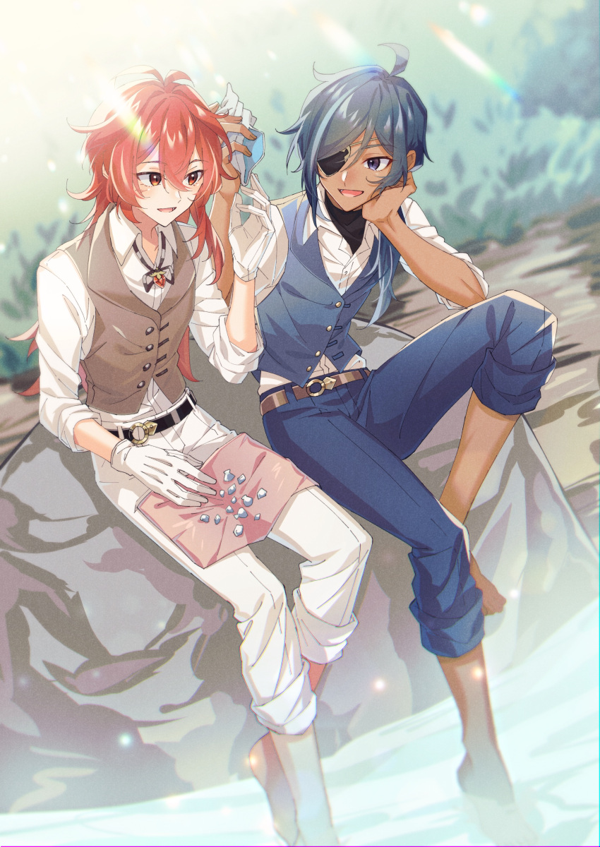 2boys :d absurdres antenna_hair bangs belt black_belt black_ribbon blue_eyes blue_hair blue_pants blue_vest blush brown_belt brown_vest buttons collared_shirt commentary_request conch dark-skinned_male dark_skin day diluc_(genshin_impact) dress_shirt eyelashes eyepatch genshin_impact gloves grass hair_between_eyes hair_down hair_over_shoulder hand_up hands_up head_rest highres holding kaeya_(genshin_impact) knee_up light_rays long_hair long_sleeves looking_at_another male_focus mizuamememe multiple_boys neck_ribbon one_eye_covered open_mouth outdoors pants ponytail red_eyes redhead ribbon rock seashell shell shirt sidelocks sitting sleeves_rolled_up smile vest water white_gloves white_pants white_shirt wing_collar